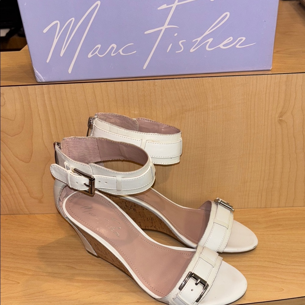 Marc Fisher White Wedge Sandals with Ankle Strap